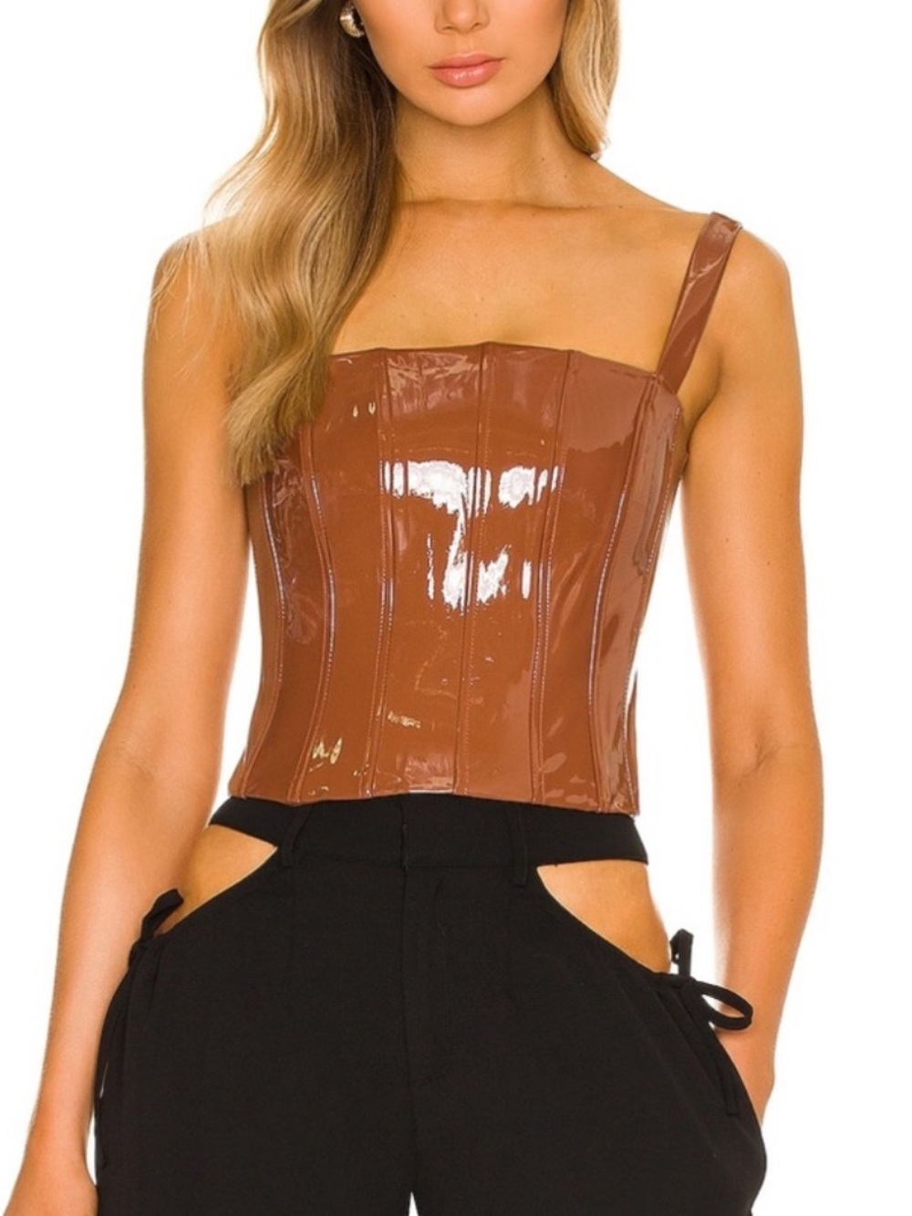 h:ours x REVOLVE Brown Patent Faux Leather Corset Top XS Y2K Bustier Clubwear